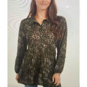 Style & Co Women's Leopard Print Tunic Button-Down Long Sleeve Shirt L